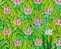 Illustrated painting of a green grass field filled with pink flowers