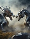 illustrated pair of dragon on gray background with fog dark background