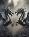 illustrated pair of dragon on gray background with fog dark background