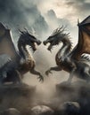 illustrated pair of dragon on gray background with fog dark background