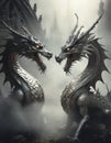 illustrated pair of dragon on gray background with fog dark background