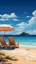 Illustrated paradise beach with deckchairs and umbrella, seascape banner