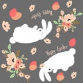 Illustrated pattern with `Happy Easter` phrase, aggs, spring flowersand easter bunny