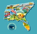 Illustrated pictorial map of Southern United States. Royalty Free Stock Photo
