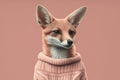 An illustrated portrait of a fox, standing upright and wearing an animal sweater in a pastel pink color. AI