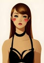 Illustrated Portrait of a Gorgeous Woman with Brown Skin, Blue Eyes, Black Bra, and Bold Red Blush