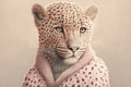 An illustrated portrait of a leopard standing upright and posing in a leopard print animal sweater, rendered in pastel pink. AI