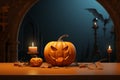 Illustrated pumpkin on a captivating Halloween themed backdrop sets a spooky tone