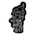 quirky cartoon distressed icon of a big brain alien crying and pointing wearing santa hat Royalty Free Stock Photo