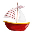 Illustrated red boat with red and white striped sail