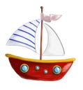 Illustrated red boat with striped sail isolated