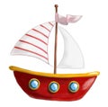 Illustrated red boat with striped sail isolated