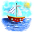 Illustrated red boat with striped sail sailing on sea