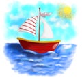Illustrated red boat with striped sail sailing on sea