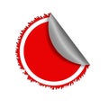 Red circular sticker with ragged and peeled edge