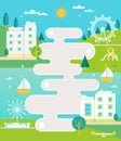 Illustrated Road Map and Town on River Landscape with Apartment Blocks, Fountain and Park. Infographics or Poster Layout