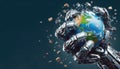 Illustrated robot hand and earth. Tech Revolution Unleashed - The World Crumbles. Humanity\'s Wake-Up Call Royalty Free Stock Photo