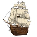 Illustrated sailing ship with three masts, featuring billowing white sails against a plain Royalty Free Stock Photo