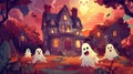 An illustrated scene of a haunted Victorian style house with playful ghosts set against a twilight sky with flying bats