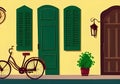 Illustrated Scene of an Old House with Wooden Shutters and a Bicycle