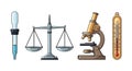 Illustrated Science Tools: Pipette, Balance Scale, Microscope, and Thermometer Depicted Royalty Free Stock Photo