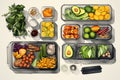 Illustrated segmented meal prep trays with a vegan assortment, fresh greens, fruits, and nuts .