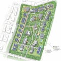 Illustrated site plan of a residential and commercial development. Multiple buildings Royalty Free Stock Photo