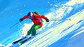 Dynamic Skier in Action on a Snowy Slope. Vibrant Winter Sports Scene. Perfect for Adventure and Travel Themes. AI Royalty Free Stock Photo