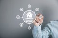 Illustrated smart home. Man tapping on the screen Royalty Free Stock Photo