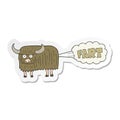 sticker of a cartoon hairy cow farting