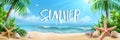 Illustrated summer beach scene with 'SUMMER' text, starfish, seashell, palm tree, and ocean wave banner