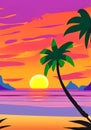 Illustrated Sunset Oasis Beachscape with Twilight Palms