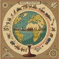 Illustrated timeline of travel evolution encircles a globe. Starting Royalty Free Stock Photo