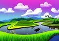 Illustrated Tranquility - Calm Asian Paddy Fields with Water Reflections