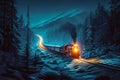 Illustrated travel Train illuminates the night with dynamic headlight beams