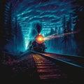 Illustrated travel Train illuminates the night with dynamic headlight beams