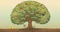 An illustrated tree with sprawling branches features various icons and symbols Royalty Free Stock Photo