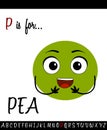 Illustrated vocabulary worksheet card with cartoon pea