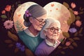 Elderly woman and middle age female, hug each other, smiling, background is filled with vibrant spring flowers Royalty Free Stock Photo