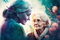 Elderly woman and middle age female, look each other, smiling, background is filled with vibrant spring flowers