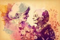 Elderly woman and middle age female, look each other, smiling, background is filled with vibrant spring flowers Royalty Free Stock Photo