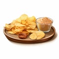 Illustrated Wooden Platter With Potato Chips And Peanut Butter