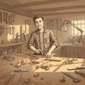 Illustrated workshop scene with a smiling young man using a chisel on a wooden Royalty Free Stock Photo