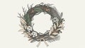 Illustrated wreath featuring an arrangement of intertwined twigs and variou Royalty Free Stock Photo