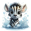 Illustrated zebra foal amidst glistening bubbles, showcasing whimsy and intricate design details.