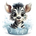 Illustrated zebra foal amidst glistening bubbles, showcasing whimsy and intricate design details.