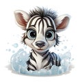 Illustrated zebra foal amidst glistening bubbles, showcasing whimsy and intricate design details.