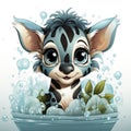 Illustrated zebra foal amidst glistening bubbles, showcasing whimsy and intricate design details.