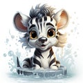 Illustrated zebra foal amidst glistening bubbles, showcasing whimsy and intricate design details.