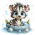 Illustrated zebra foal amidst glistening bubbles, showcasing whimsy and intricate design details.